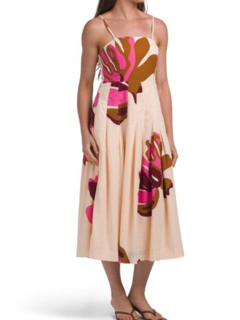 Rachel Zoe Linen Blend Strapless Midi Dress with Pink & Brown Floral Print